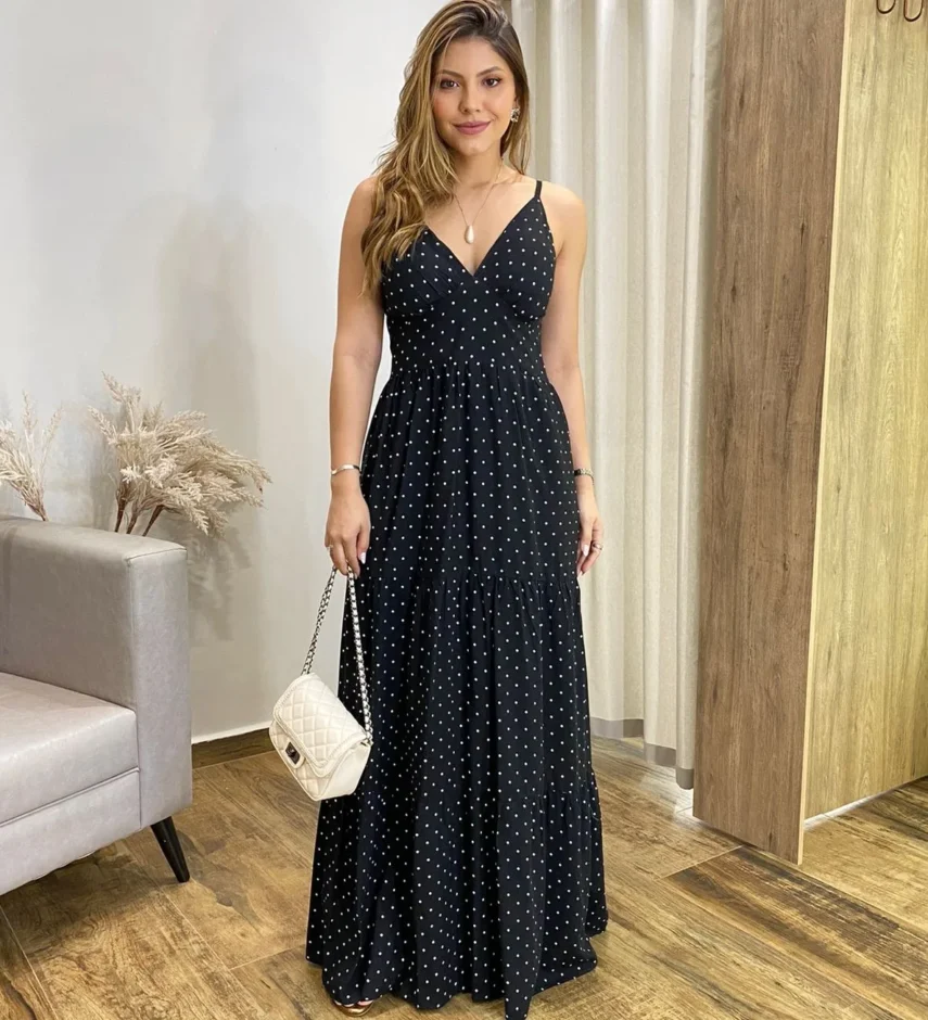 Vestido Longo Malu com Bojo Viscolinho Poá Preto - Fernanda Ramos Store