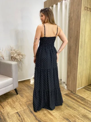 Vestido Longo Malu com Bojo Viscolinho Poá Preto - Fernanda Ramos Store