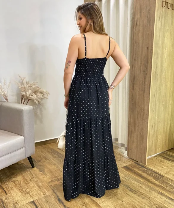 Vestido Longo Malu com Bojo Viscolinho Poá Preto - Fernanda Ramos Store