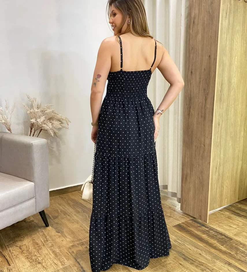 Vestido Longo Malu com Bojo Viscolinho Poá Preto - Fernanda Ramos Store
