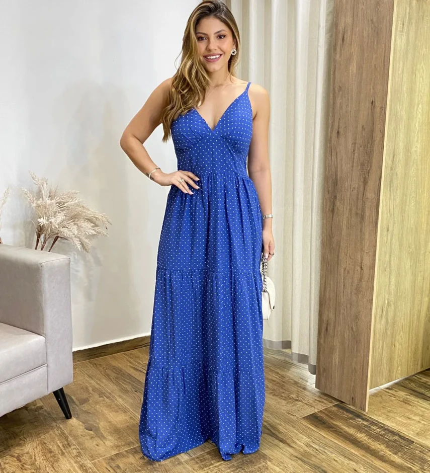 Vestido Longo Malu com Bojo Viscolinho Poá Azul - Fernanda Ramos Store