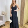 Vestido Longo Malu com Bojo Viscolinho Poá Preto - Fernanda Ramos Store