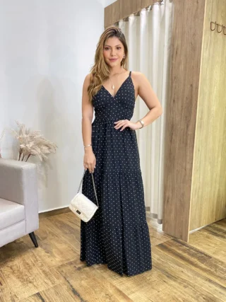 Vestido Longo Malu com Bojo Viscolinho Poá Preto - Fernanda Ramos Store