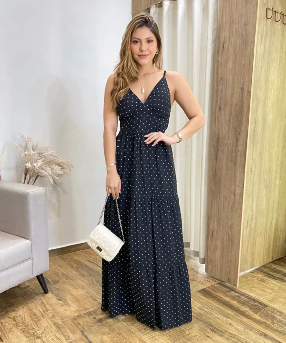 Vestido Longo Malu com Bojo Viscolinho Poá Preto - Fernanda Ramos Store