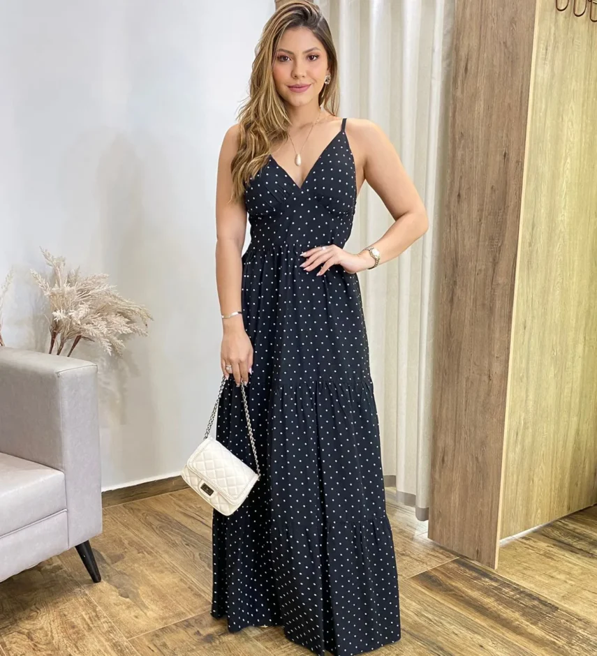 Vestido Longo Malu com Bojo Viscolinho Poá Preto - Fernanda Ramos Store
