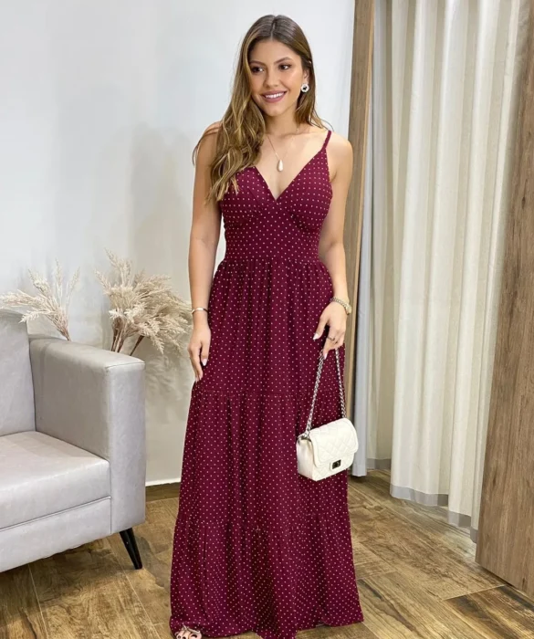 Vestido Longo Malu com Bojo Viscolinho Poá Vinho - Fernanda Ramos Store