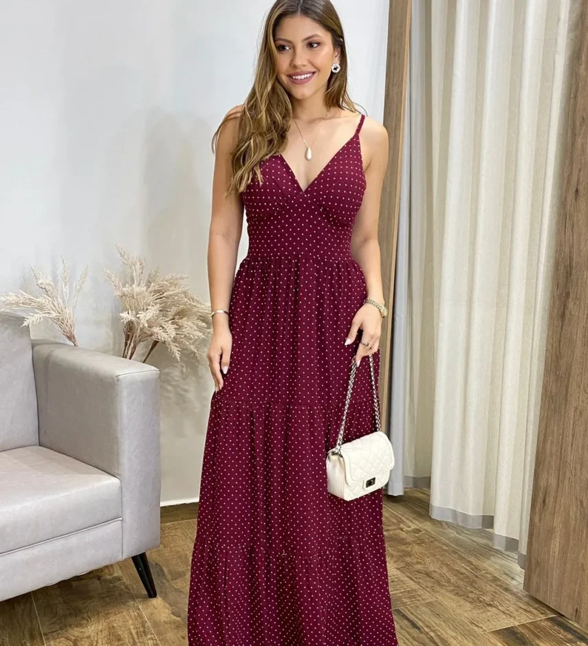Vestido Longo Malu com Bojo Viscolinho Poá Vinho - Fernanda Ramos Store