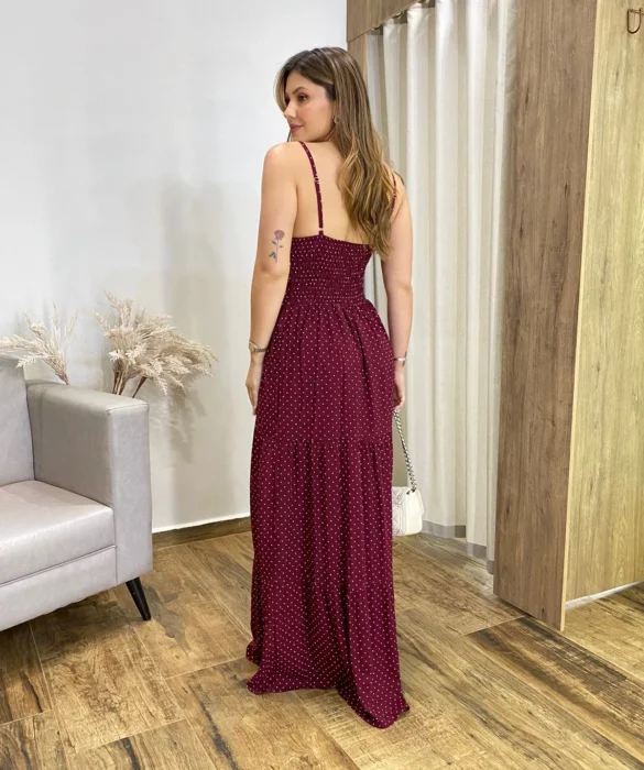 Vestido Longo Malu com Bojo Viscolinho Poá Vinho - Fernanda Ramos Store