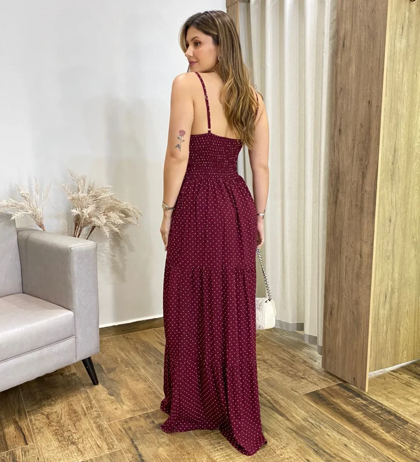 Vestido Longo Malu com Bojo Viscolinho Poá Vinho - Fernanda Ramos Store