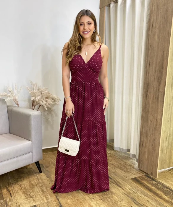 Vestido Longo Malu com Bojo Viscolinho Poá Vinho - Fernanda Ramos Store