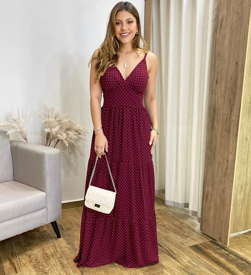 Vestido Longo Malu com Bojo Viscolinho Poá Vinho - Fernanda Ramos Store