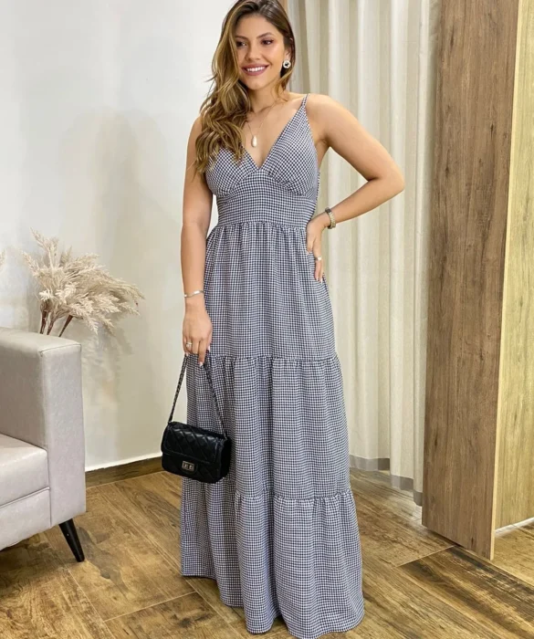 Vestido Longo Malu com Bojo Viscolinho Xadrez - Fernanda Ramos Store