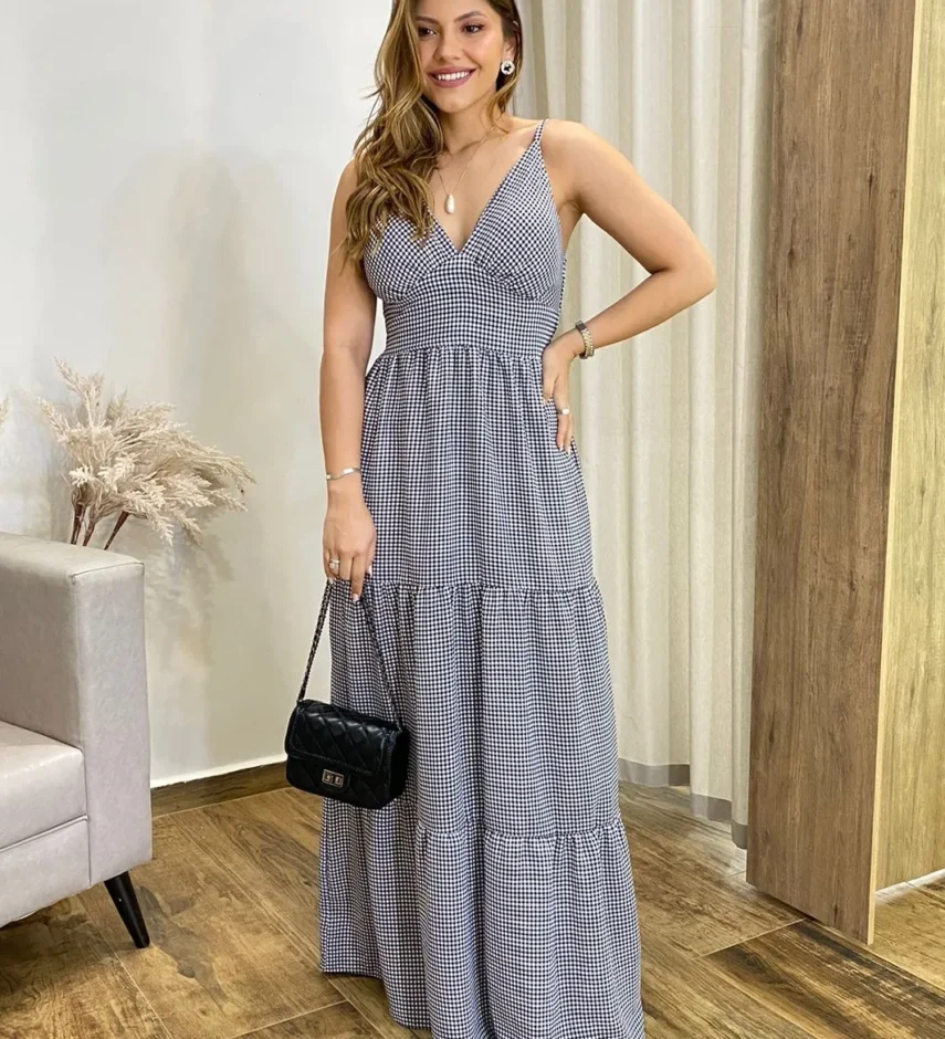 Vestido Longo Malu com Bojo Viscolinho Xadrez - Fernanda Ramos Store
