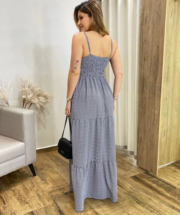 Vestido Longo Malu com Bojo Viscolinho Xadrez - Fernanda Ramos Store