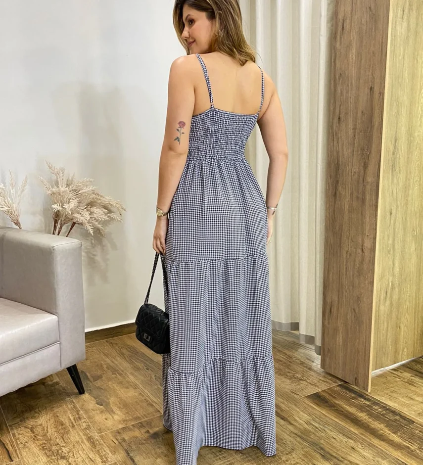 Vestido Longo Malu com Bojo Viscolinho Xadrez - Fernanda Ramos Store