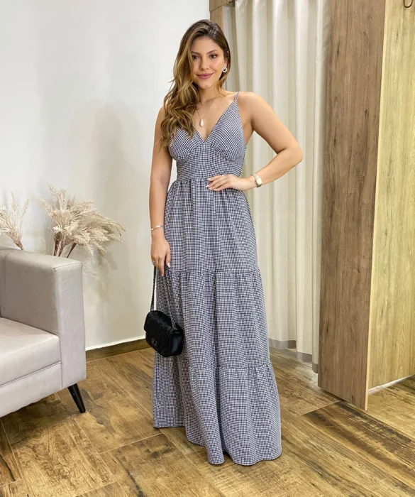 Vestido Longo Malu com Bojo Viscolinho Xadrez - Fernanda Ramos Store