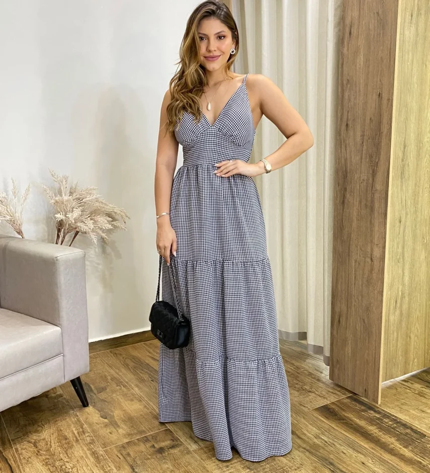 Vestido Longo Malu com Bojo Viscolinho Xadrez - Fernanda Ramos Store