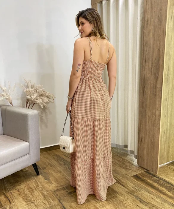 Vestido Longo Malu com Bojo Viscolinho Xadrez Terracota - Fernanda Ramos Store