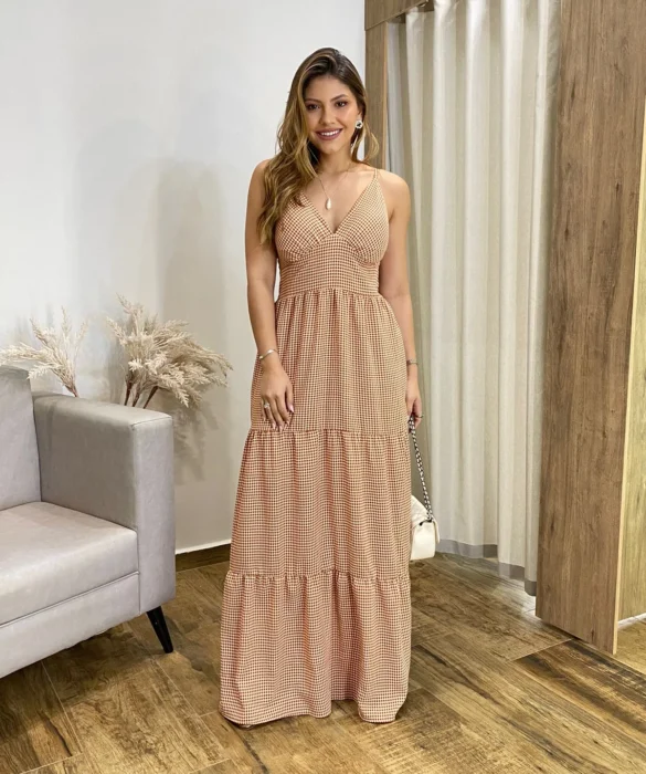 Vestido Longo Malu com Bojo Viscolinho Xadrez Terracota - Fernanda Ramos Store