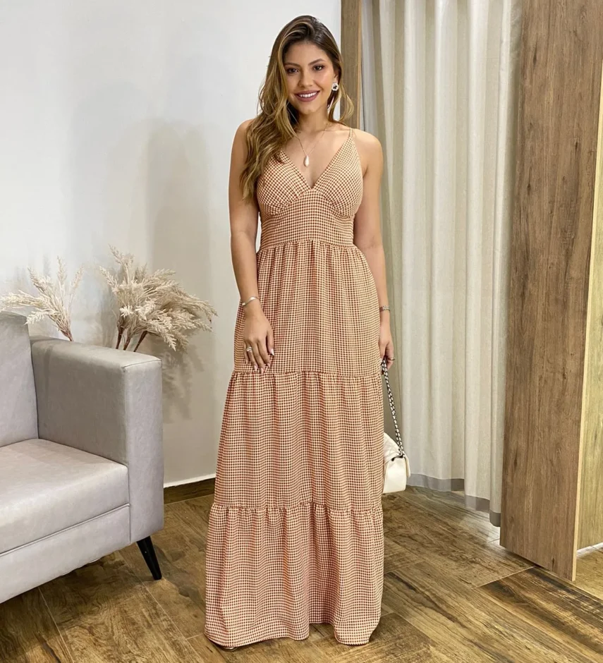 Vestido Longo Malu com Bojo Viscolinho Xadrez Terracota - Fernanda Ramos Store
