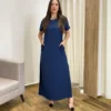 Vestido Longo Manga Curta sem Bojo com Fenda Azul Marinho - Fernanda Ramos Store