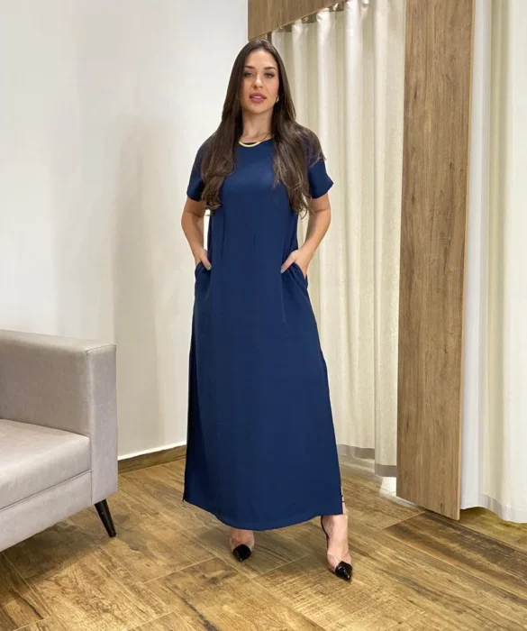 Vestido Longo Manga Curta sem Bojo com Fenda Azul Marinho - Fernanda Ramos Store