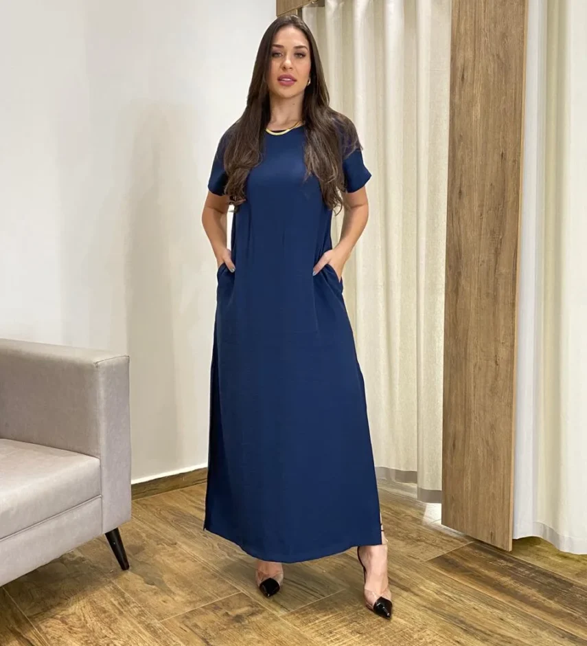Vestido Longo Manga Curta sem Bojo com Fenda Azul Marinho - Fernanda Ramos Store