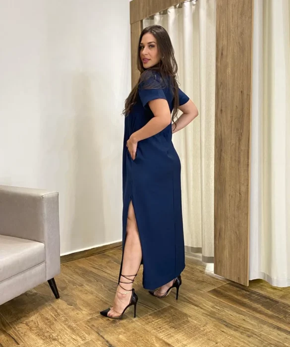 Vestido Longo Manga Curta sem Bojo com Fenda Azul Marinho - Fernanda Ramos Store