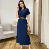 Vestido Longo Manga Curta sem Bojo com Fenda Azul Marinho - Fernanda Ramos Store