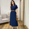 Vestido Longo Manga Curta sem Bojo com Fenda Azul Marinho - Fernanda Ramos Store