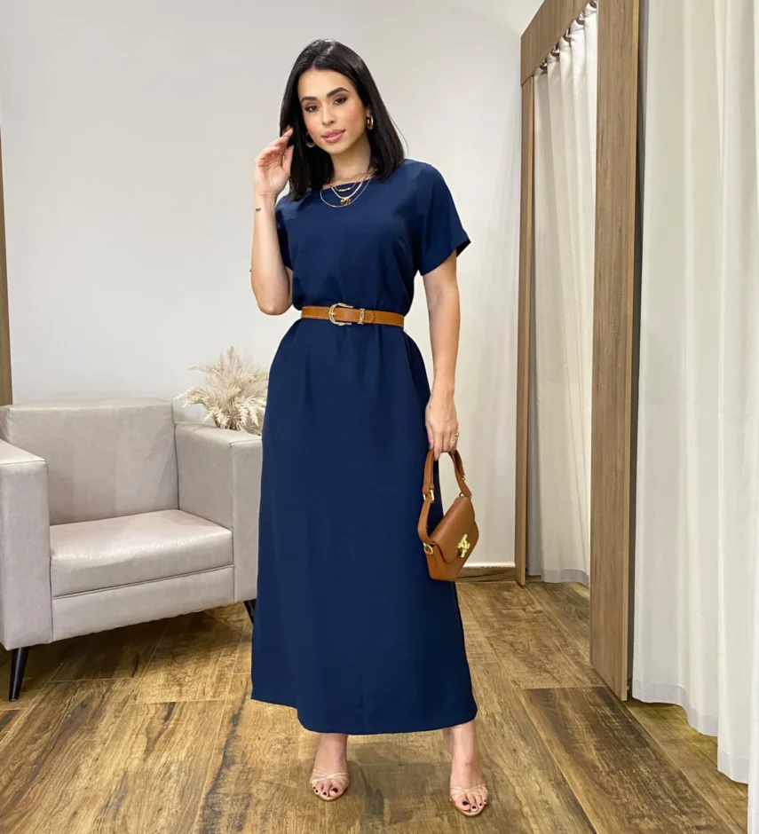 Vestido Longo Manga Curta sem Bojo com Fenda Azul Marinho - Fernanda Ramos Store