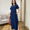 Vestido Longo Manga Curta sem Bojo com Fenda Azul Marinho - Fernanda Ramos Store