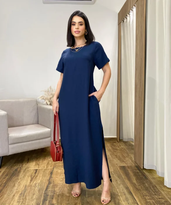 Vestido Longo Manga Curta sem Bojo com Fenda Azul Marinho - Fernanda Ramos Store