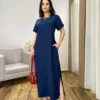 Vestido Longo Manga Curta sem Bojo com Fenda Azul Marinho - Fernanda Ramos Store