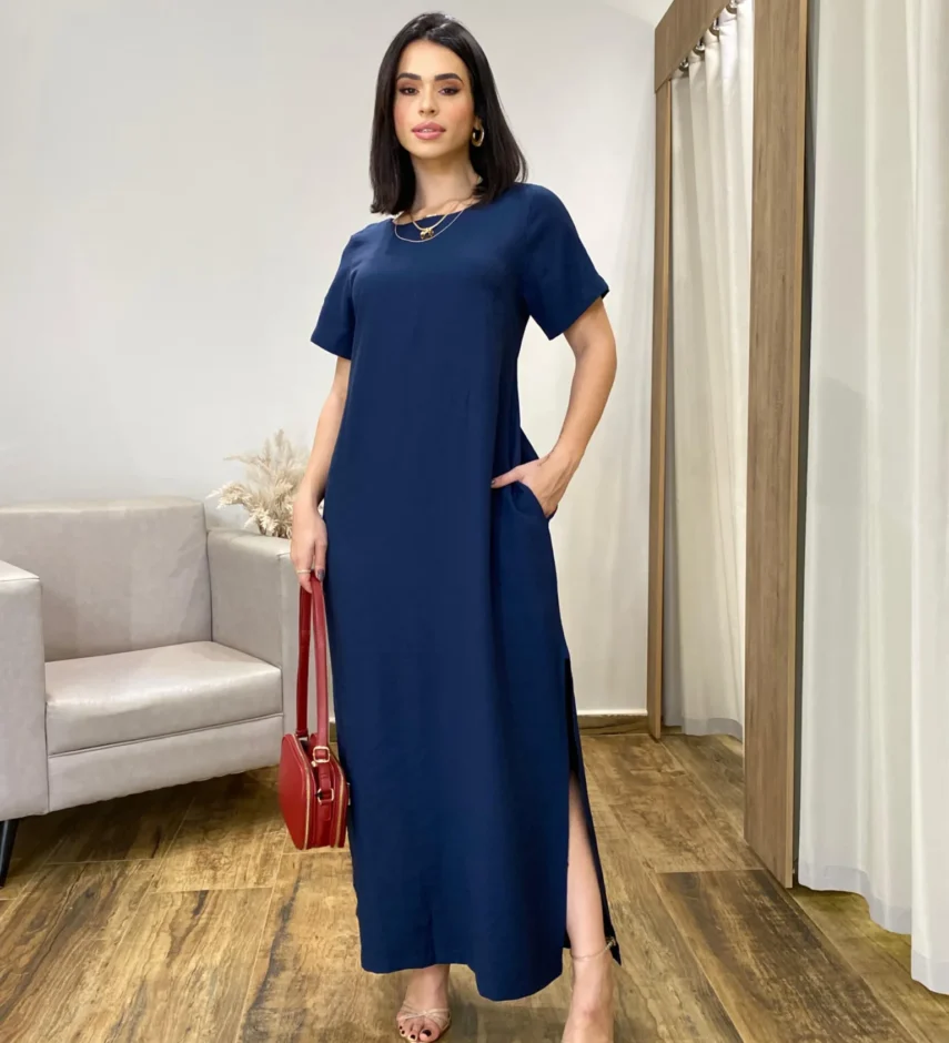 Vestido Longo Manga Curta sem Bojo com Fenda Azul Marinho - Fernanda Ramos Store