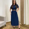 Vestido Longo Manga Curta sem Bojo com Fenda Azul Marinho - Fernanda Ramos Store