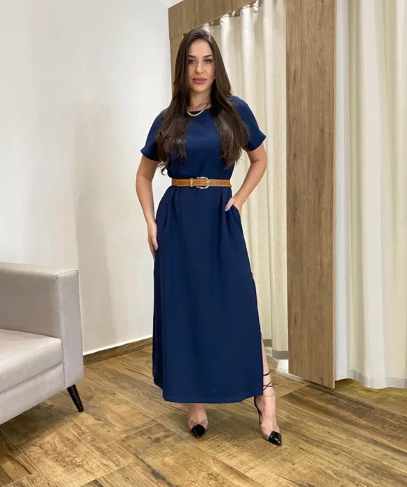 Vestido Longo Manga Curta sem Bojo com Fenda Azul Marinho - Fernanda Ramos Store