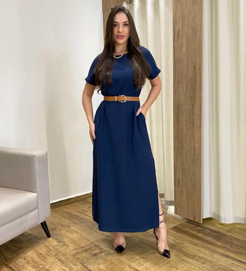 Vestido Longo Manga Curta sem Bojo com Fenda Azul Marinho - Fernanda Ramos Store