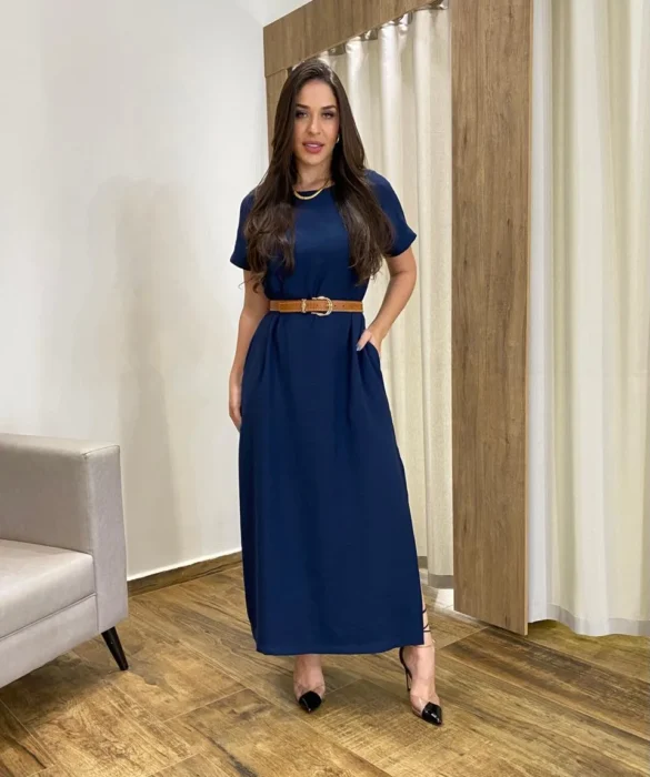 Vestido Longo Manga Curta sem Bojo com Fenda Azul Marinho - Fernanda Ramos Store