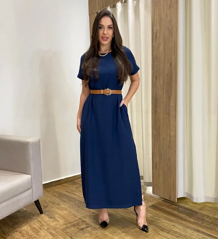 Vestido Longo Manga Curta sem Bojo com Fenda Azul Marinho - Fernanda Ramos Store