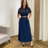 Vestido Longo Manga Curta sem Bojo com Fenda Azul Marinho - Fernanda Ramos Store