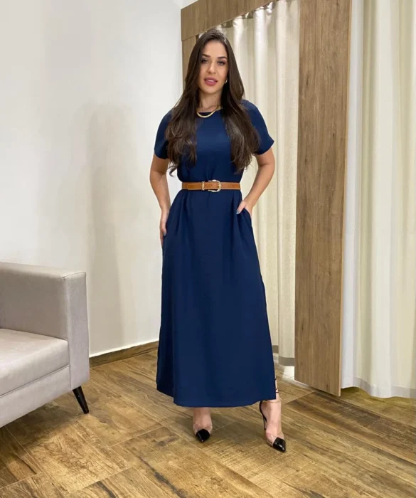 Vestido Longo Manga Curta sem Bojo com Fenda Azul Marinho - Fernanda Ramos Store