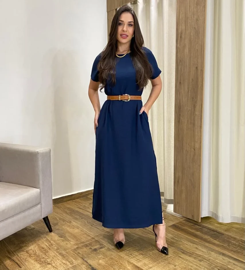 Vestido Longo Manga Curta sem Bojo com Fenda Azul Marinho - Fernanda Ramos Store