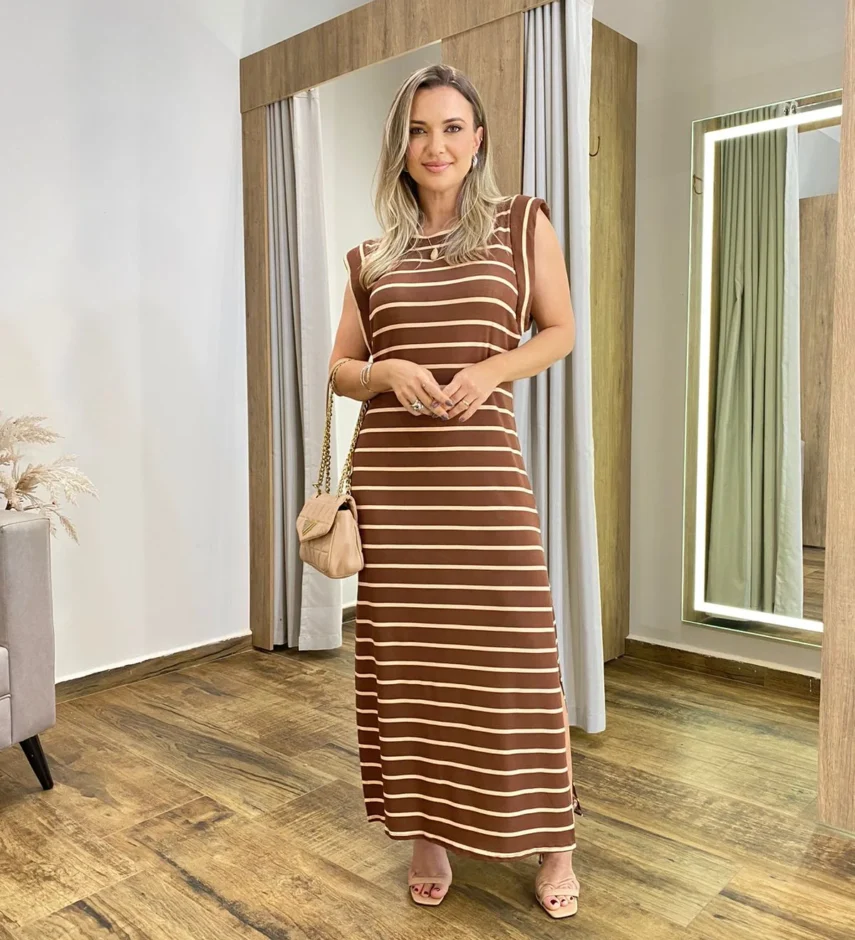 Vestido Longo Muscle sem Bojo de Malha Marrom Listrado - Fernanda Ramos Store