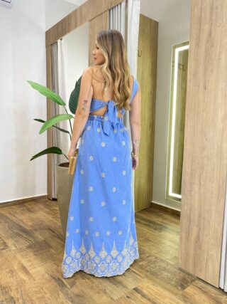 Vestido Longo Nula Manga com Amarração Atrás Azul Bordado - Fernanda Ramos Store