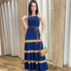 Vestido Longo sem Bojo Azul com Detalhe Caramelo e Amarração - Fernanda Ramos Store