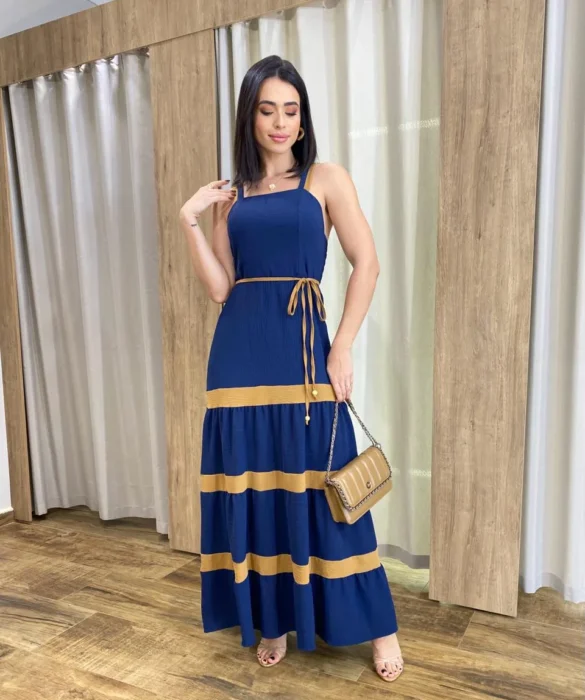 Vestido Longo sem Bojo Azul com Detalhe Caramelo e Amarração - Fernanda Ramos Store