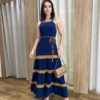 Vestido Longo sem Bojo Azul com Detalhe Caramelo e Amarração - Fernanda Ramos Store