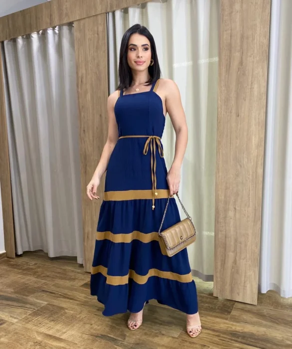 Vestido Longo sem Bojo Azul com Detalhe Caramelo e Amarração - Fernanda Ramos Store