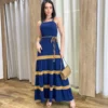 Vestido Longo sem Bojo Azul com Detalhe Caramelo e Amarração - Fernanda Ramos Store